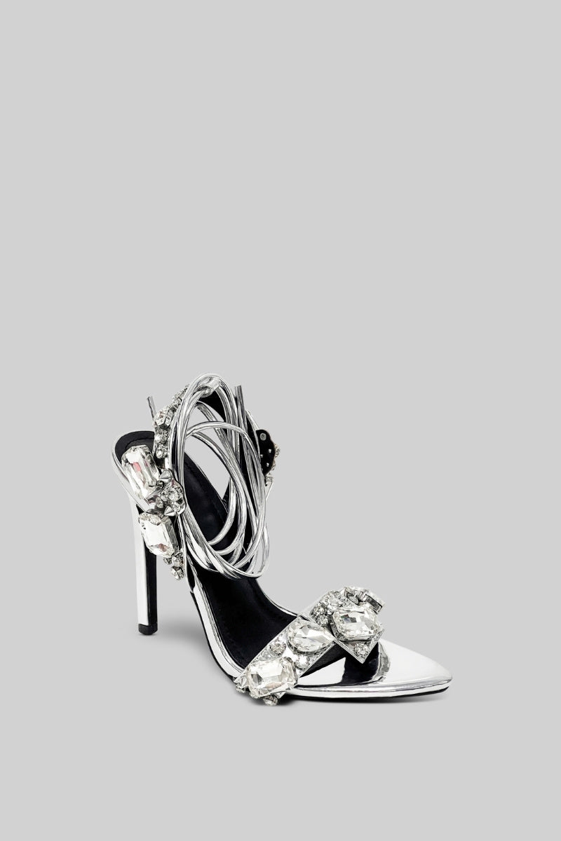 Rhinestone Embellished Strap High Heels – Silver – view 2