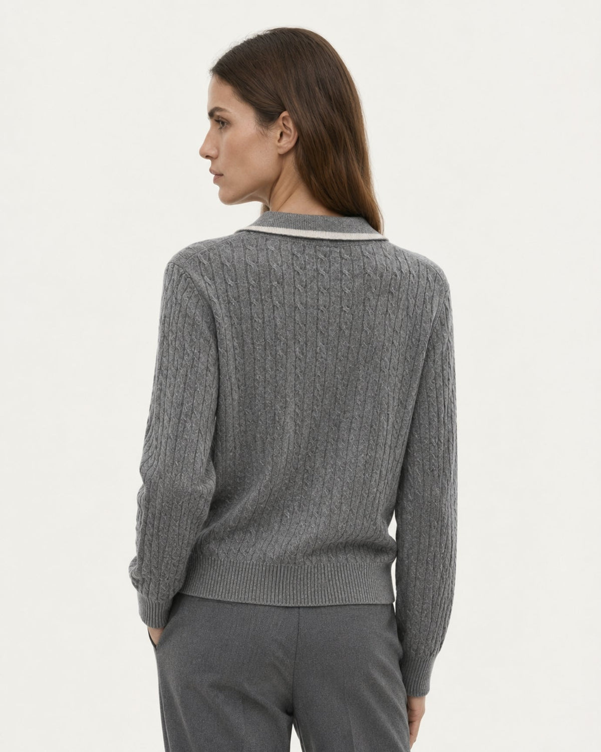 Relaxed Fit Cable Knit Cashmere Polo Collar Jumper – view 13