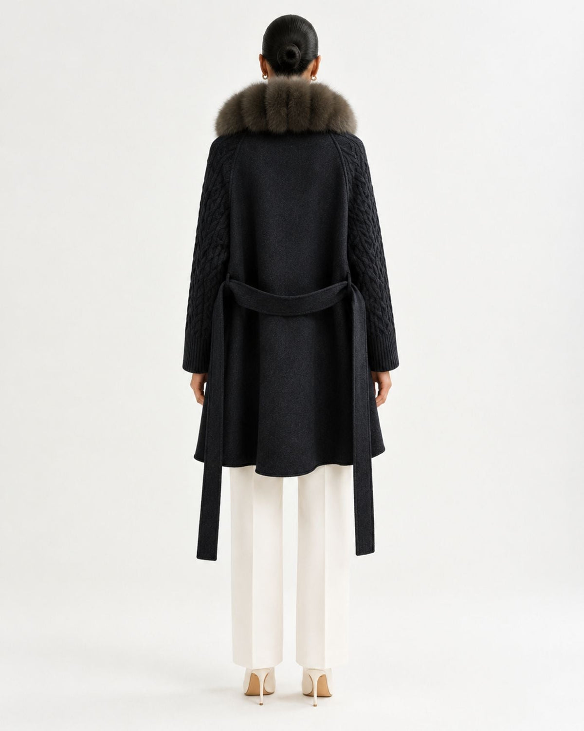 Zira Belted Long Wool Coat with Front Placket Trim – view 10