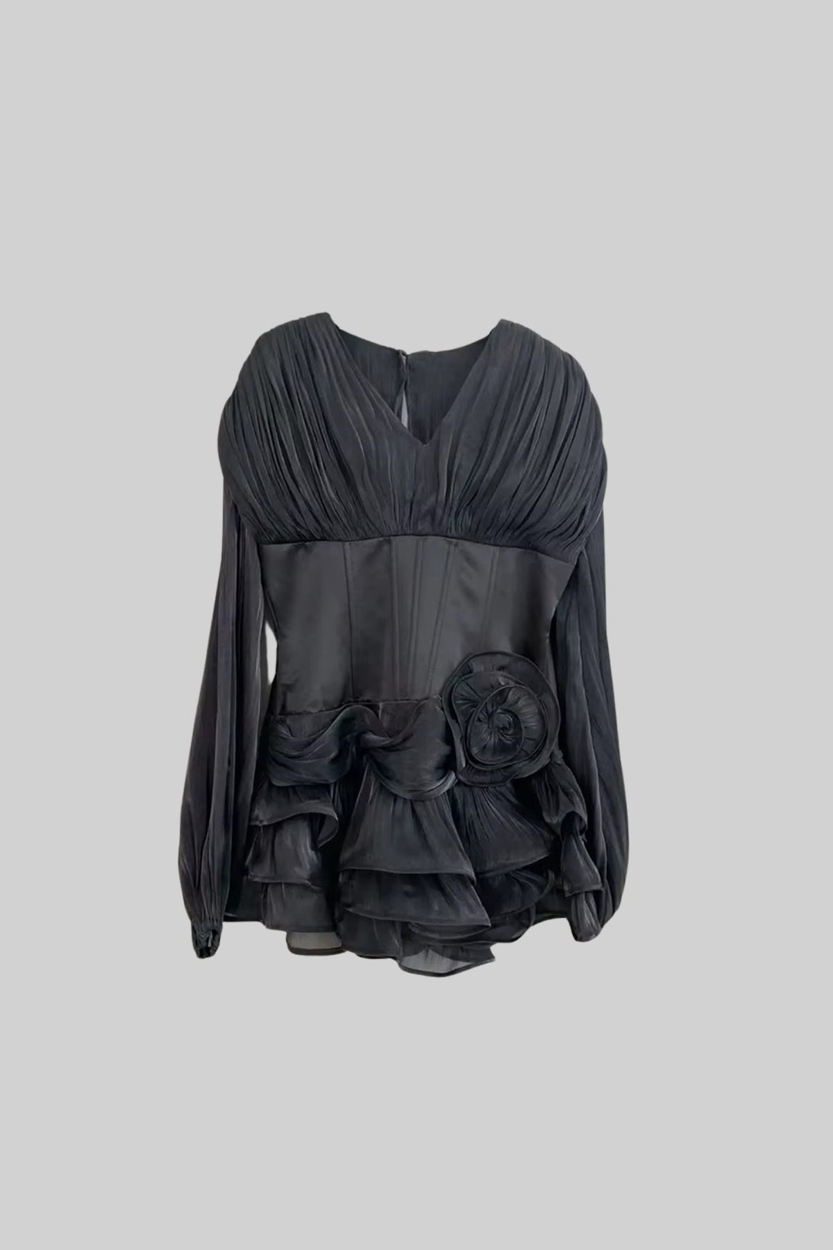 Corset Bodice Dress with Long Puff Sleeves and Layered Ruffle Hem – Black