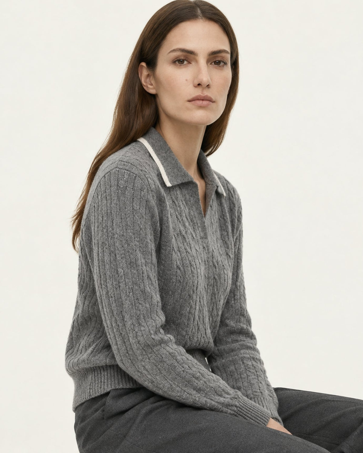 Relaxed Fit Cable Knit Cashmere Polo Collar Jumper – view 14