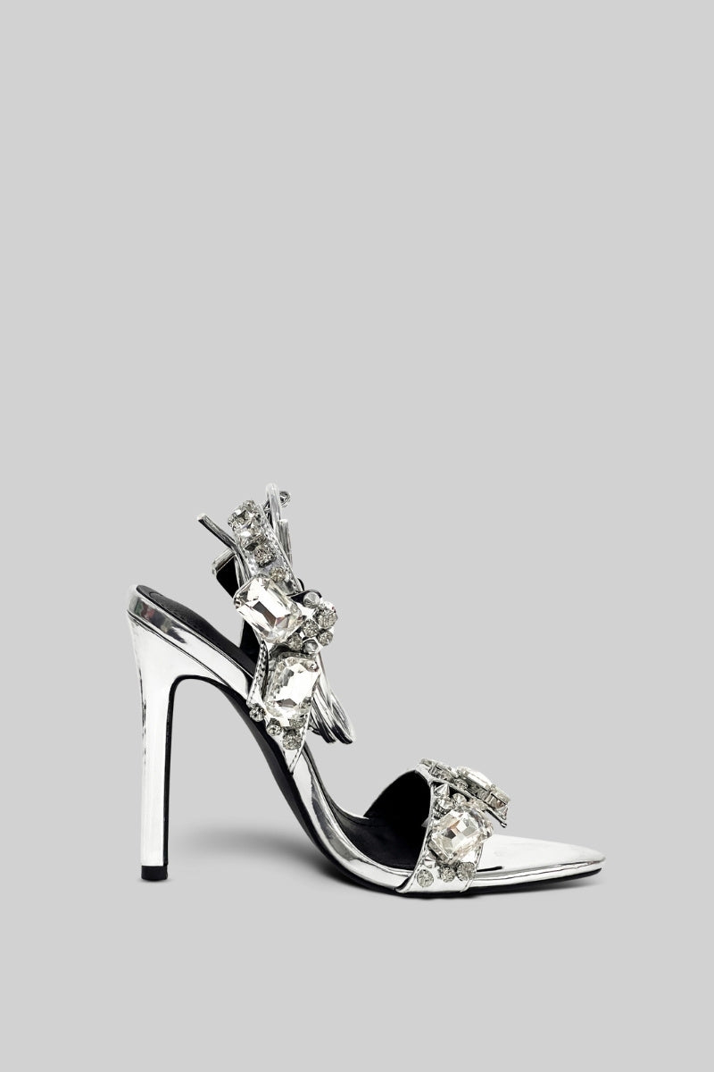 Rhinestone Embellished Strap High Heels – Silver