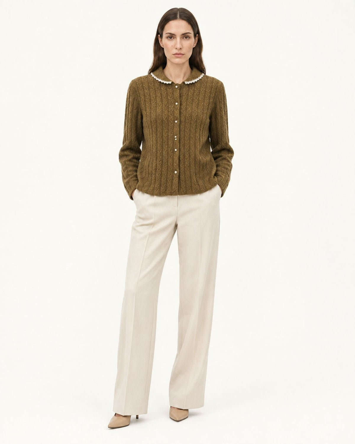 Pure Cashmere Cable Knit Cardigan with Peter Pan Collar – view 8