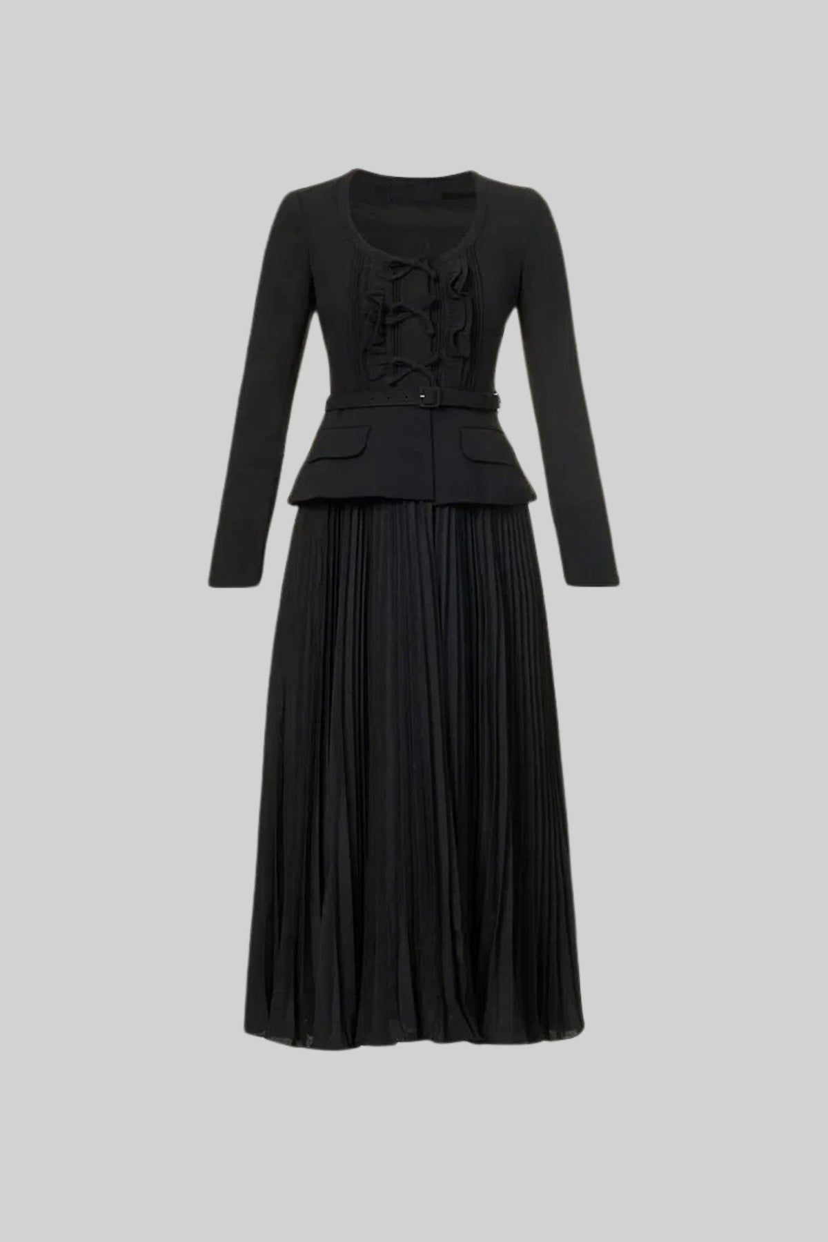 Long Sleeve Buttoned Peplum Bodice Maxi Dress with Pleated Skirt – Black – view 1