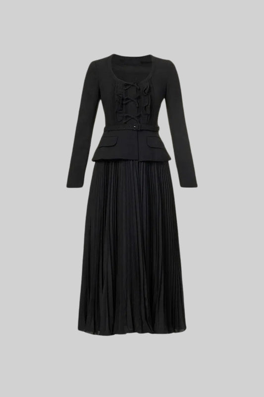 Long Sleeve Buttoned Peplum Bodice Maxi Dress with Pleated Skirt – Black