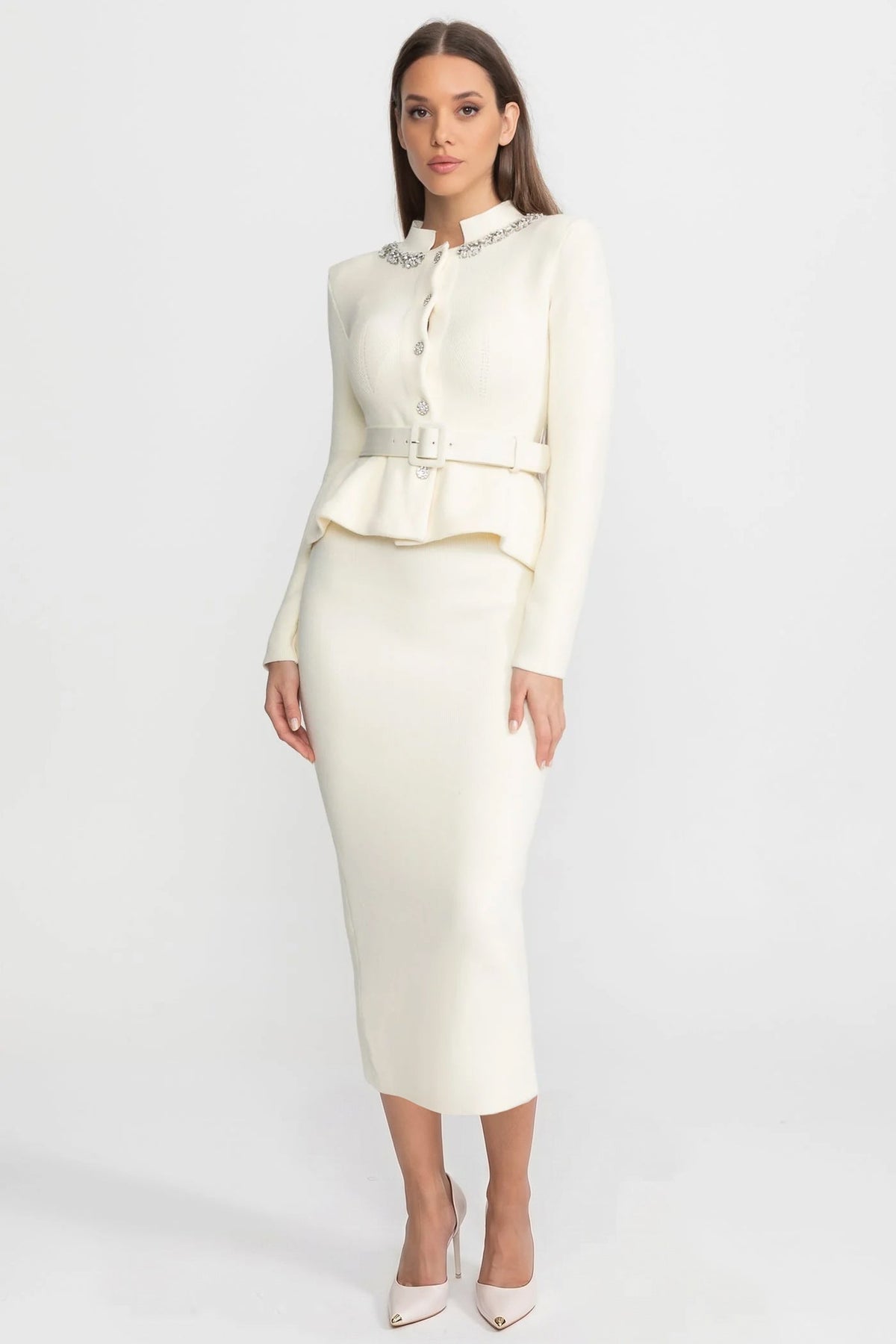 Structured Knit Peplum Midi Dress with Crystal Collar and Belt – Ivory – view 2