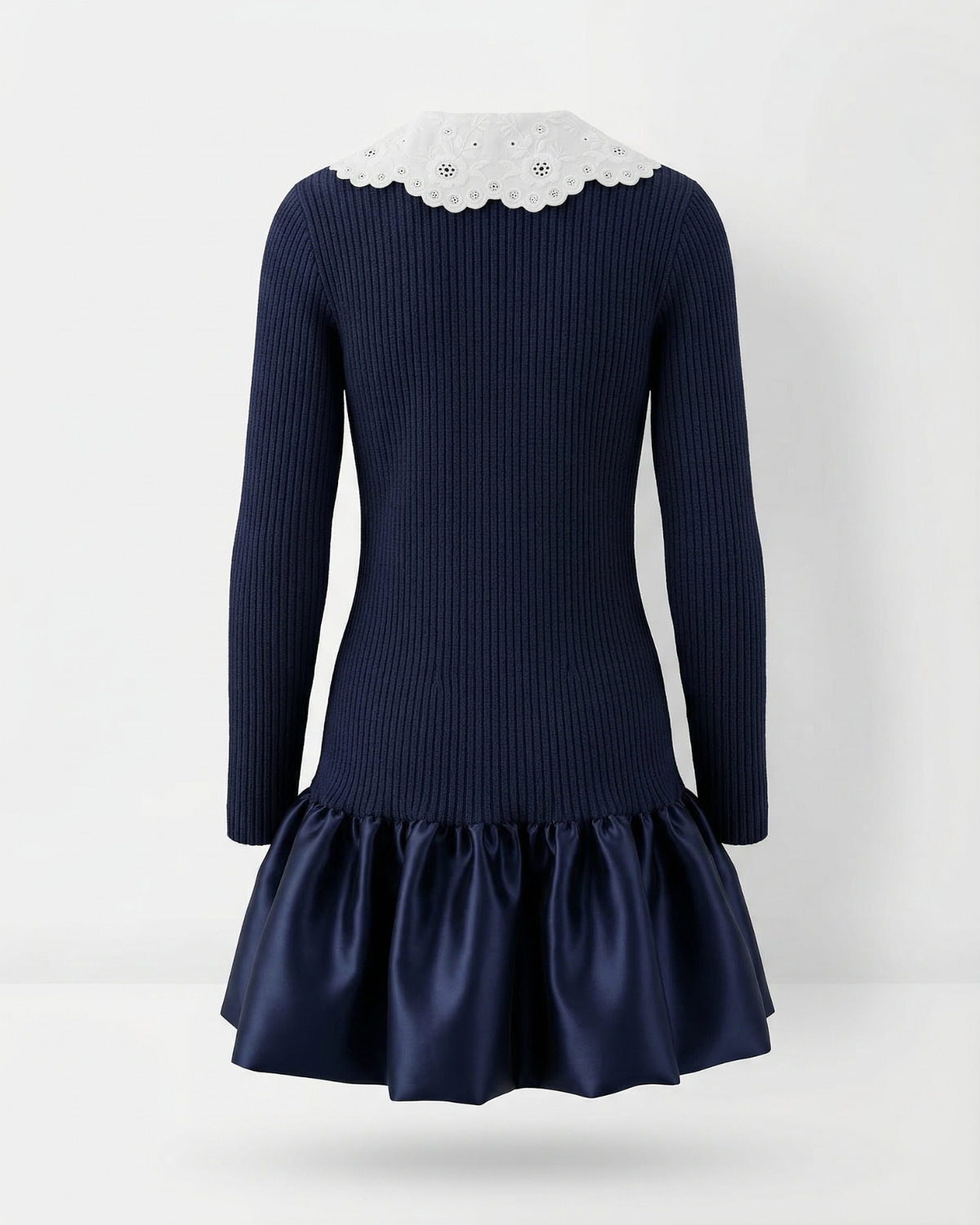 Candie Embroidered Lapel Knit Dress with Ruffled Skirt – Dark Blue – view 3