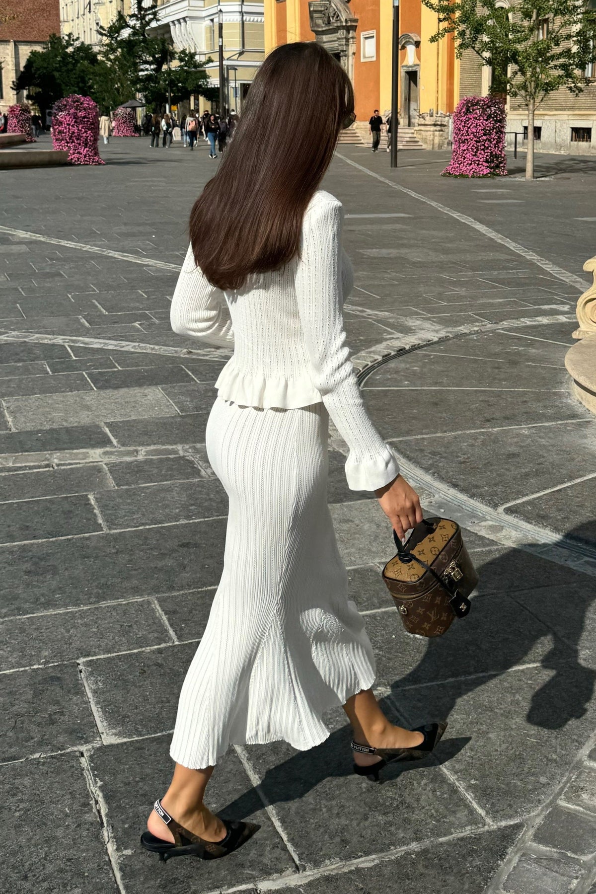 Ruffled V-Neck Knit Cardigan and Flared Knee-Length Skirt Set – White – view 12