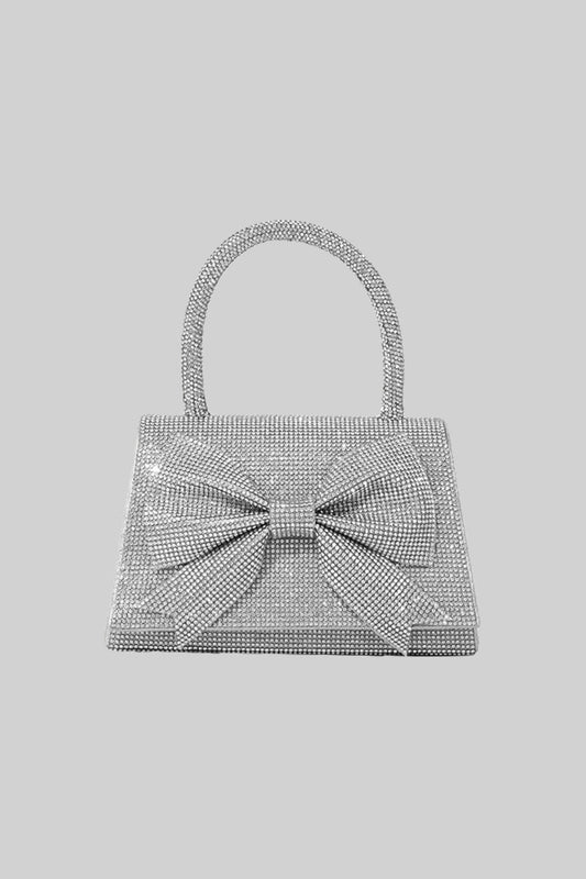 Rhinestone Bow Clutch with Curved Handle and Chain Strap – Silver