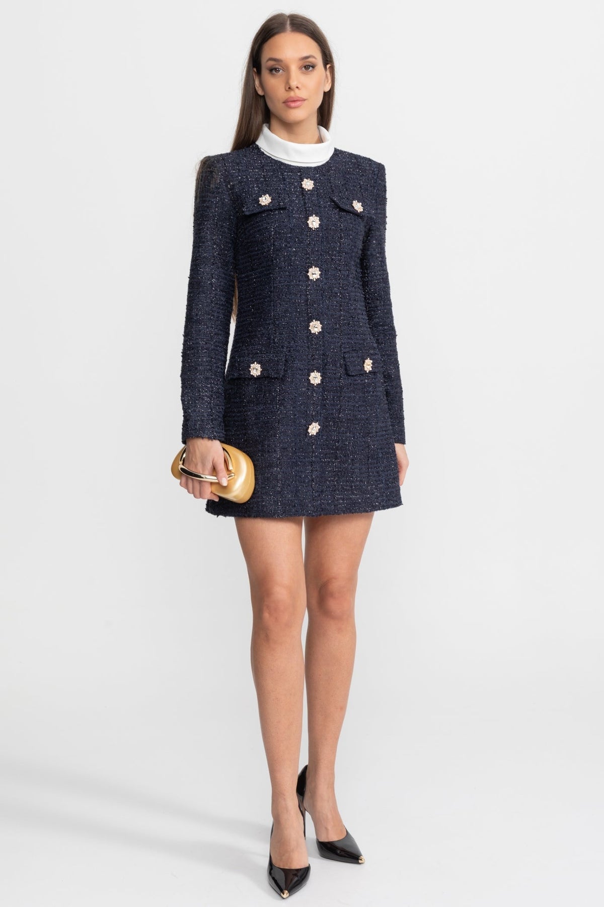 Long Sleeve Tweed Mini Dress with High Neck and Crystal Buttons – Navy – view 2