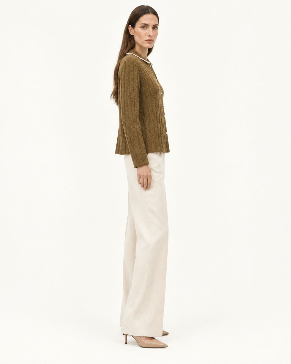 Pure Cashmere Cable Knit Cardigan with Peter Pan Collar – view 9