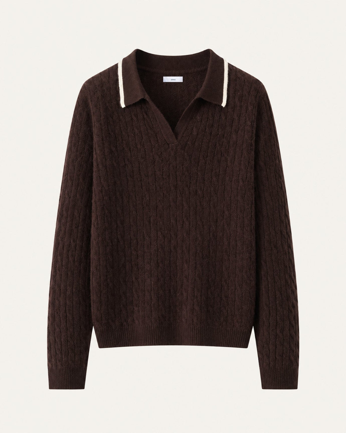 Relaxed Fit Cable Knit Cashmere Polo Collar Jumper – Dark Chocolate – view 1