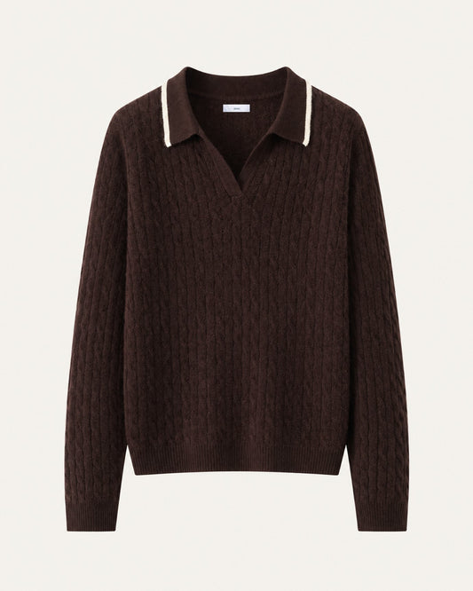 Relaxed Fit Cable Knit Cashmere Polo Collar Jumper