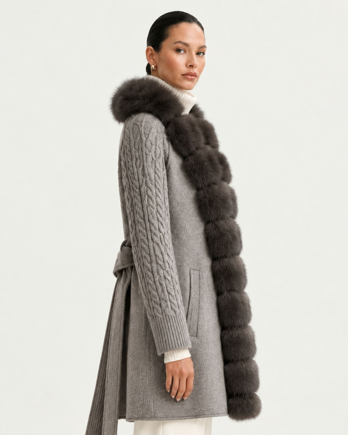 Zira Belted Long Wool Coat with Front Placket Trim – view 13