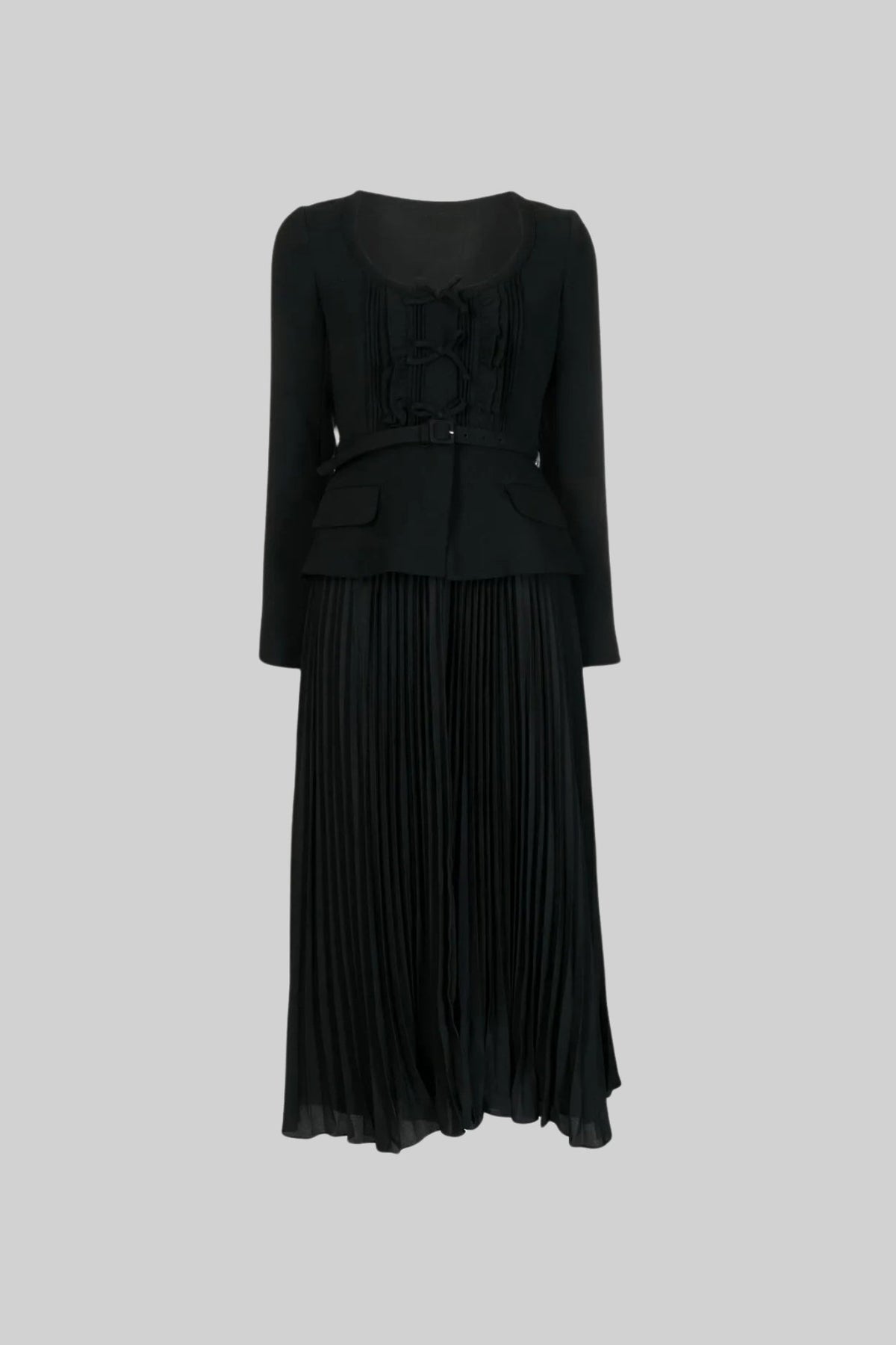 Long Sleeve Buttoned Peplum Bodice Maxi Dress with Pleated Skirt – Black – view 2
