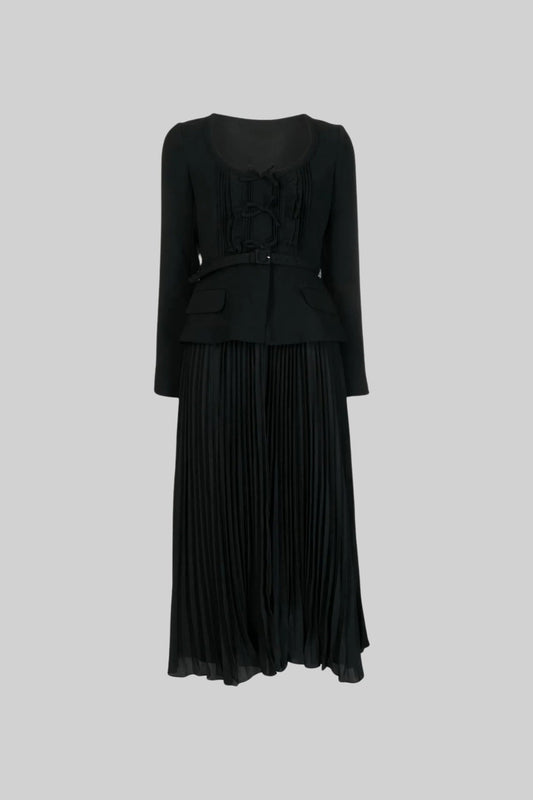 Long Sleeve Buttoned Peplum Bodice Maxi Dress with Pleated Skirt – Black