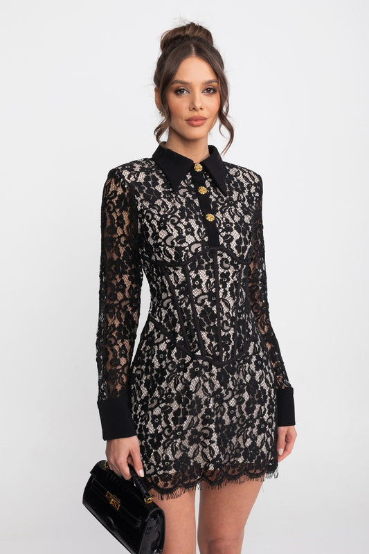 Long Sleeve Stretch Lace Mini Dress with Gold Buttons and Scallop Hem – Black