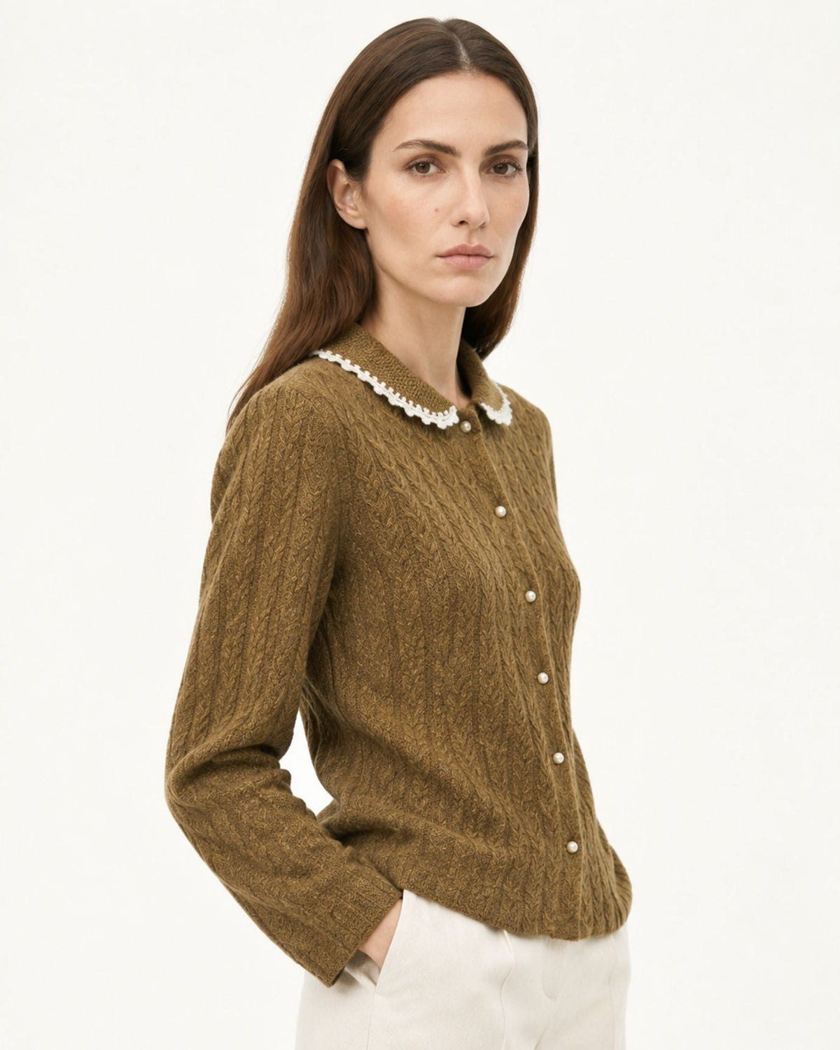 Pure Cashmere Cable Knit Cardigan with Peter Pan Collar – view 10