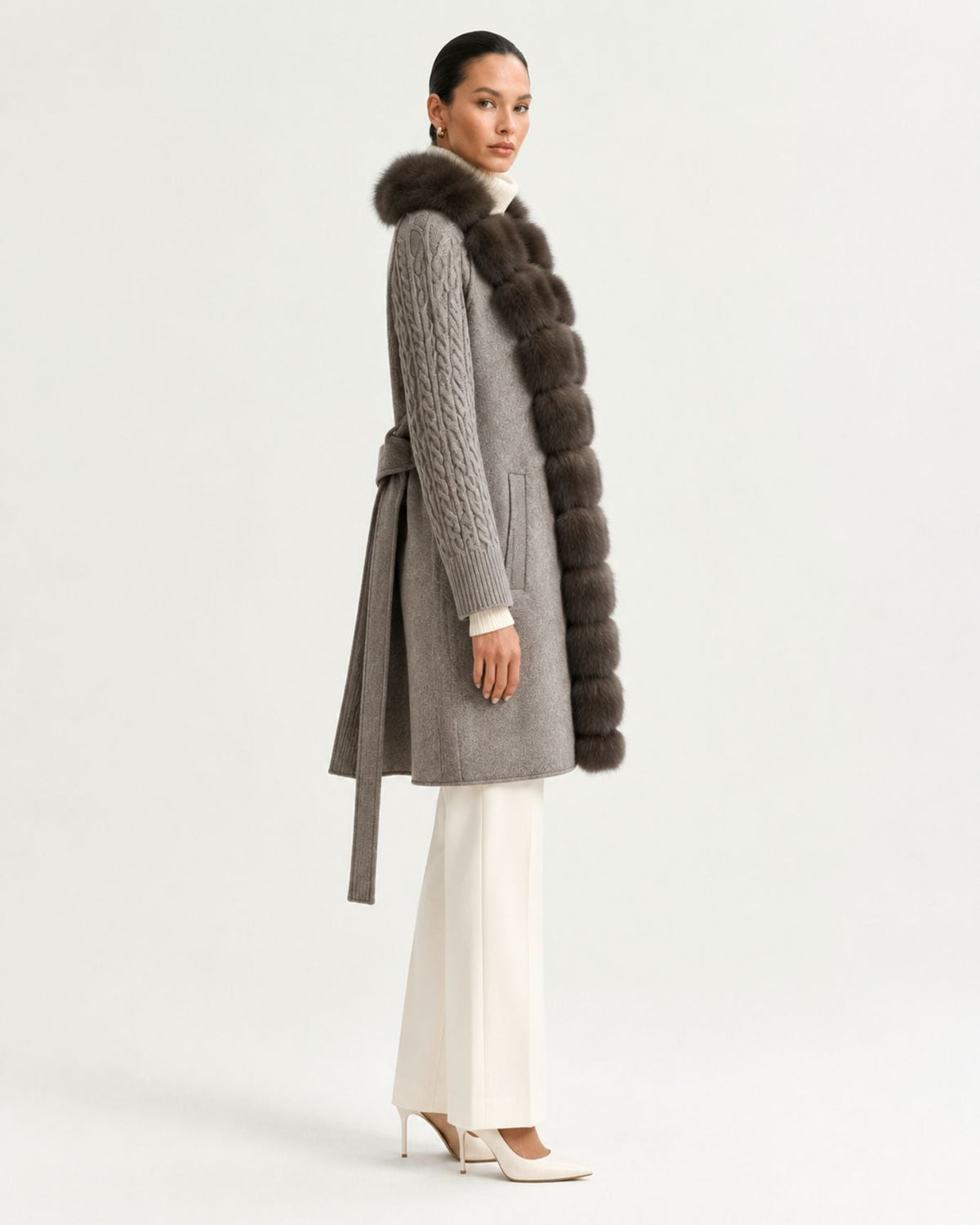 Zira Belted Long Wool Coat with Front Placket Trim – view 14