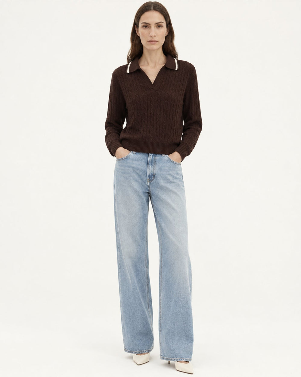 Relaxed Fit Cable Knit Cashmere Polo Collar Jumper