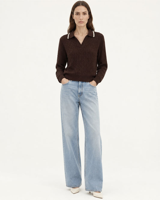 Relaxed Fit Cable Knit Cashmere Polo Collar Jumper – view 2