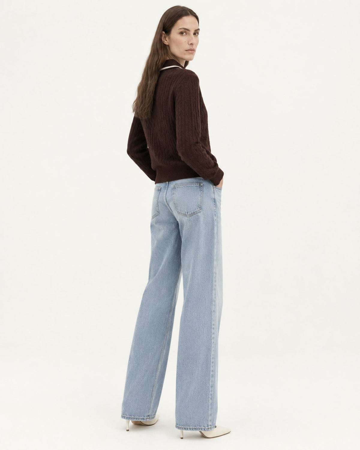 Relaxed Fit Cable Knit Cashmere Polo Collar Jumper – view 3