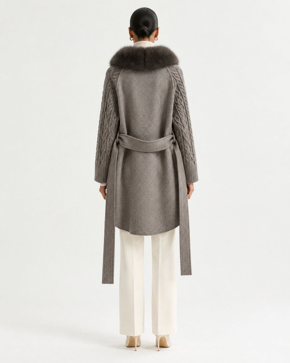 Zira Belted Long Wool Coat with Front Placket Trim – view 15