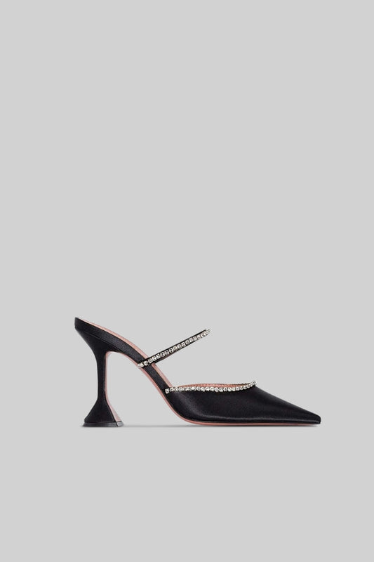 Rhinestone Embellished Silk Satin Wide Heel Shoes – Black
