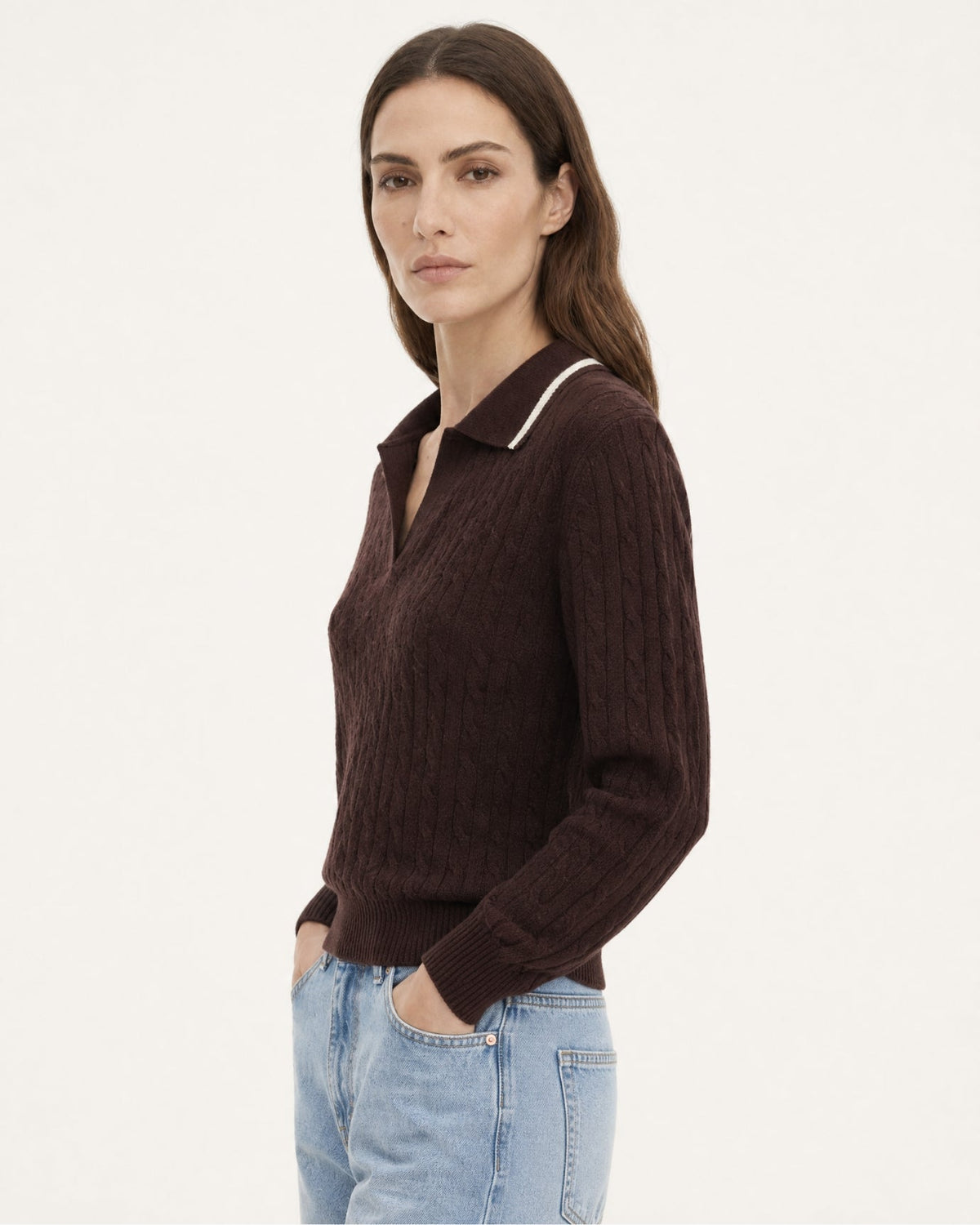 Relaxed Fit Cable Knit Cashmere Polo Collar Jumper – view 4