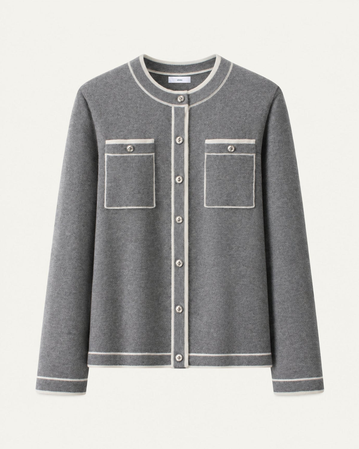 Cashmere Colourblock Crew Neck Knit Cardigan – Grey – Gray – view 1