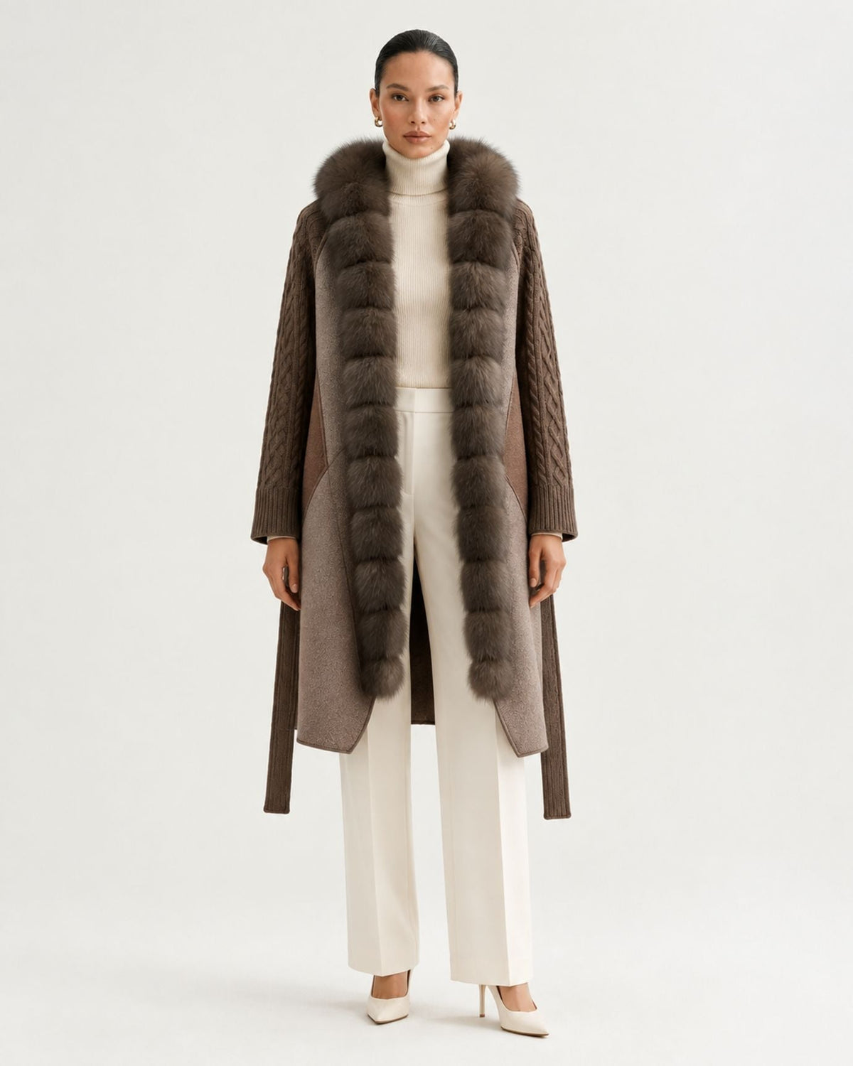 Zira Belted Long Wool Coat with Front Placket Trim – view 3