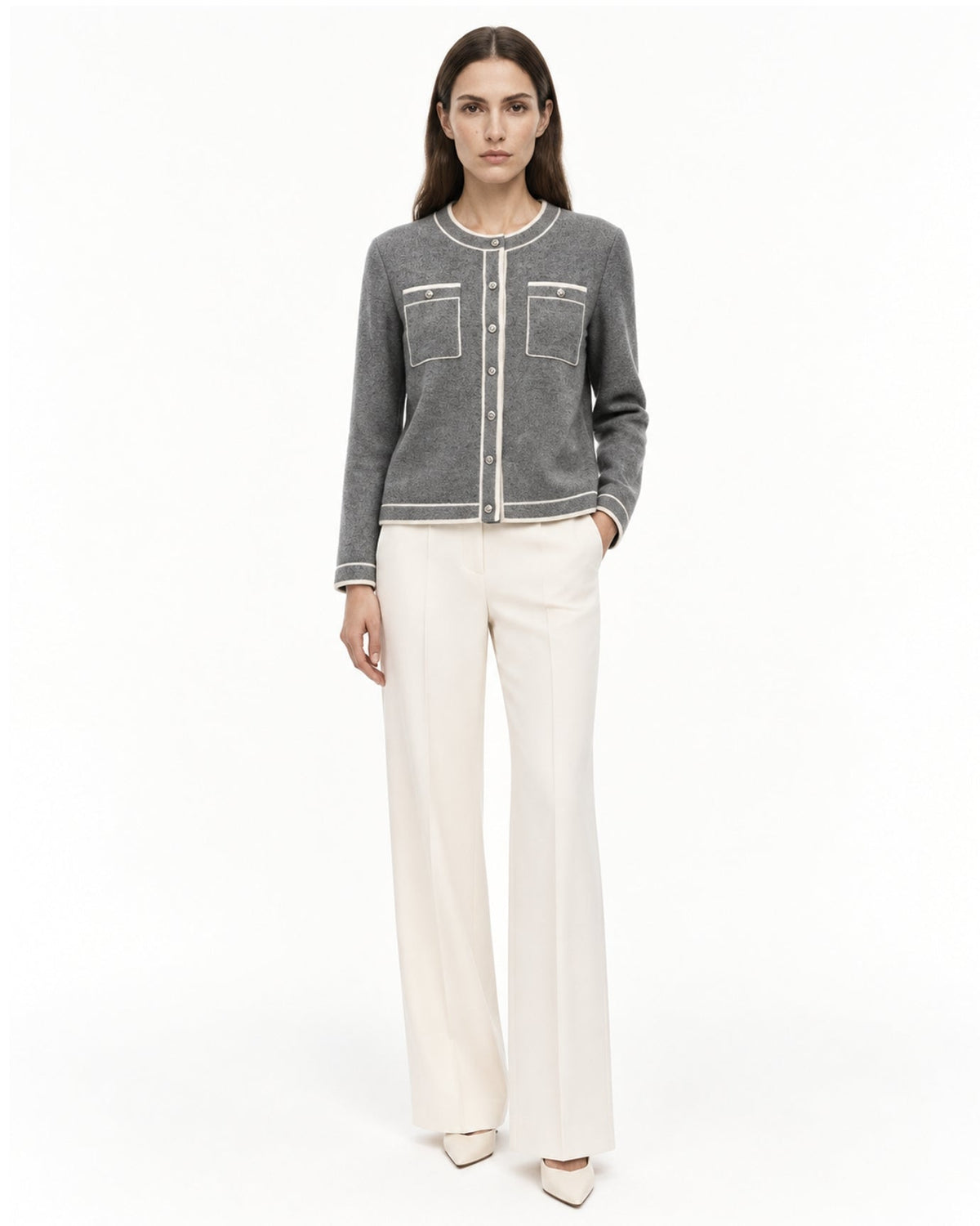 Cashmere Colourblock Crew Neck Knit Cardigan – Grey – view 2