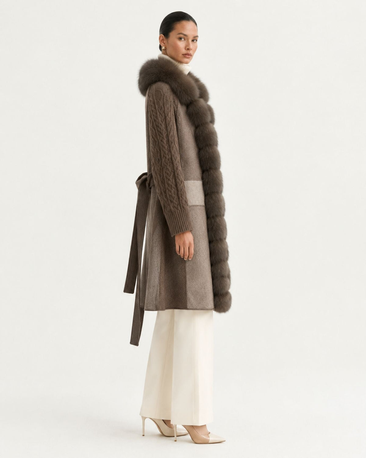 Zira Belted Long Wool Coat with Front Placket Trim – view 4