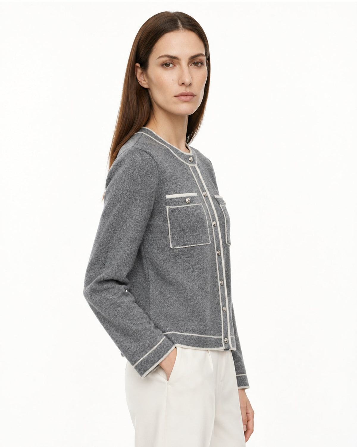 Cashmere Colourblock Crew Neck Knit Cardigan – Grey – view 4
