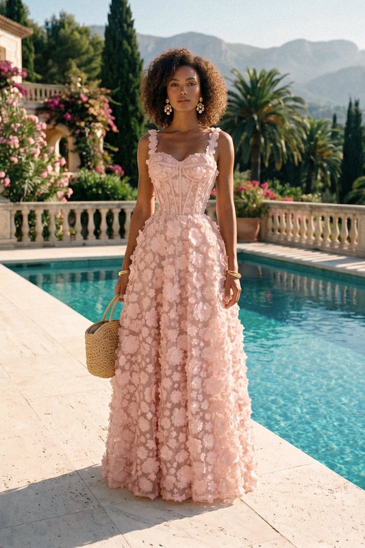 Floral Appliqué Corset Bodice Sweetheart Neck Maxi Dress – Pink