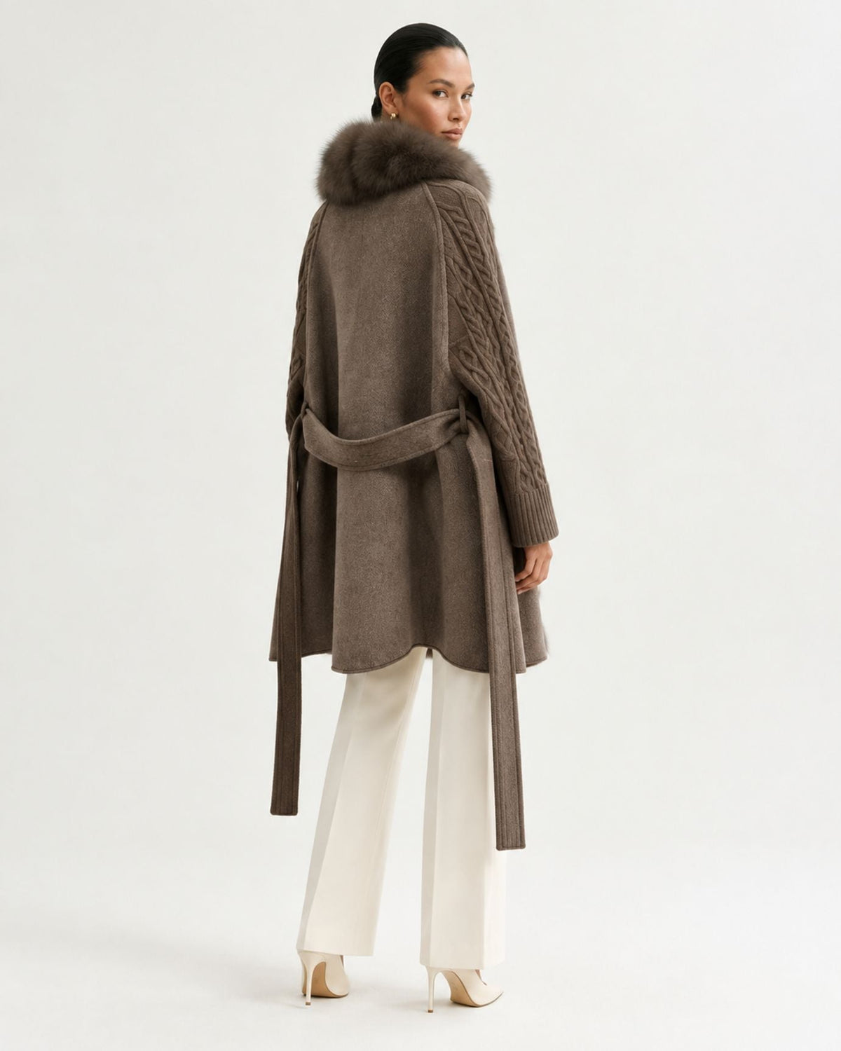 Zira Belted Long Wool Coat with Front Placket Trim – view 5