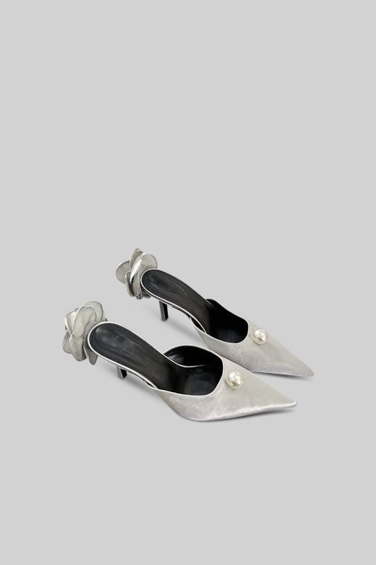 Satin Low Heel Sandals with Pearl and 3D Flower Detail – Silver