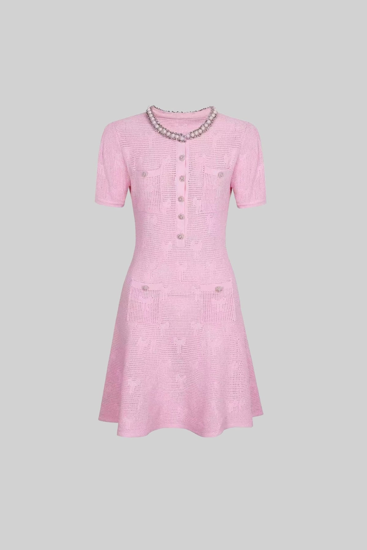 Textured Knit A-Line Mini Dress with Pearl Trim Neckline – Pink – view 2