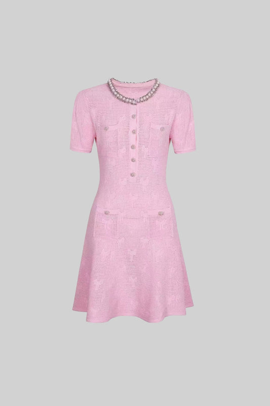 Textured Knit A-Line Mini Dress with Pearl Trim Neckline – Pink – view 2