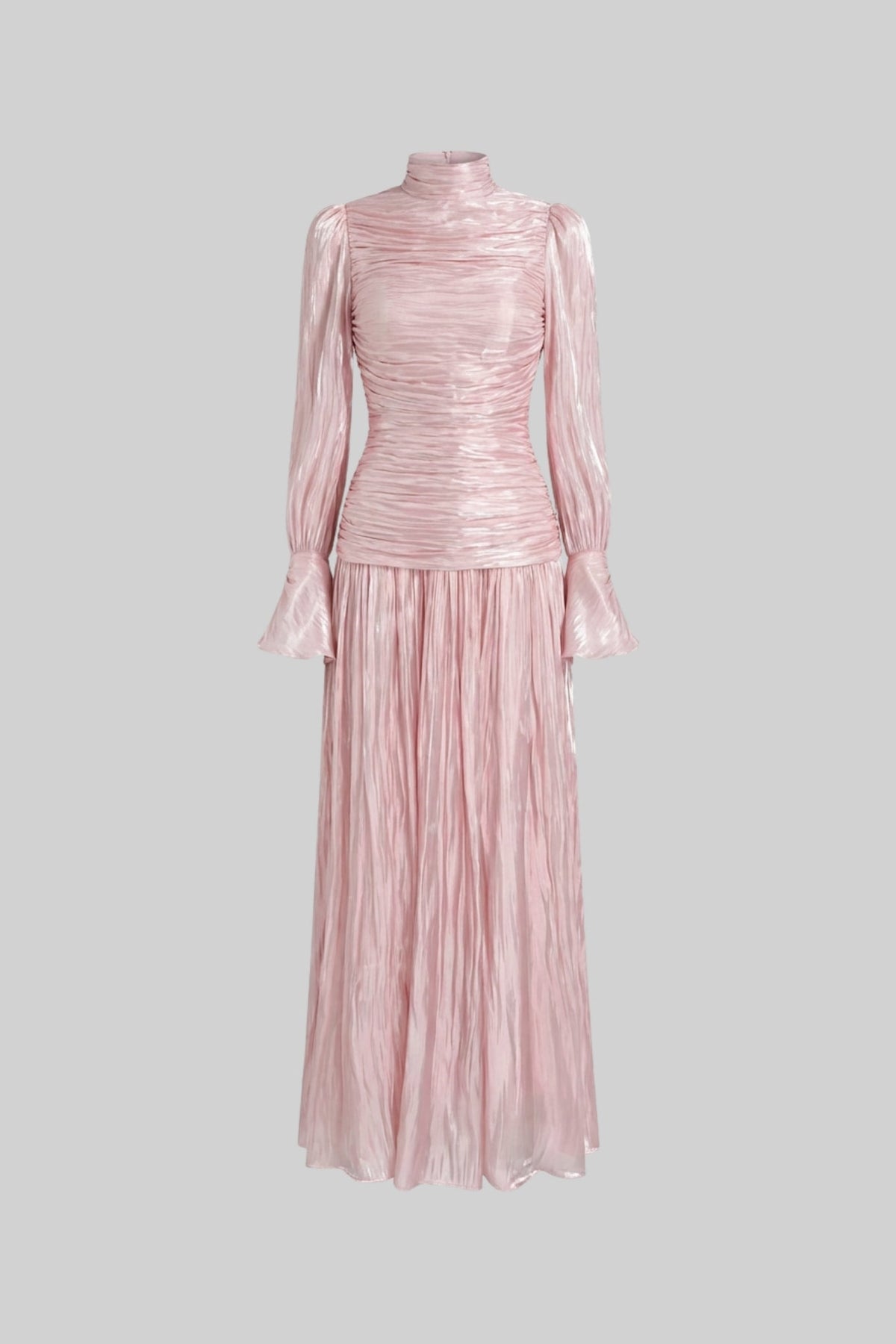 Ruched Mock Neck Long Sleeve Maxi Dress with Pleated Skirt – Blush Pink – view 2