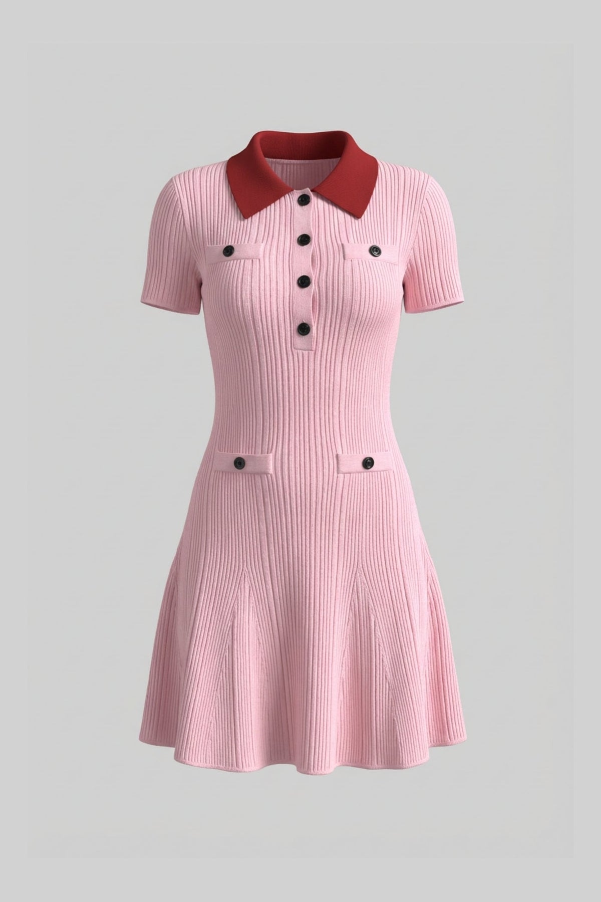 Ribbed Knit Contrast Collar Button Front Mini Dress – Blush Pink – view 2