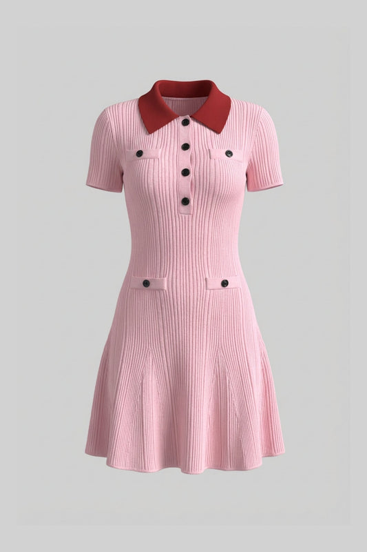 Ribbed Knit Contrast Collar Button Front Mini Dress – Blush Pink – view 2