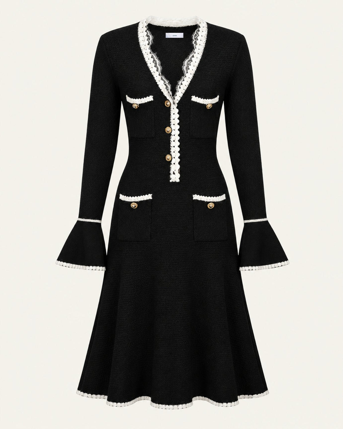 Georgina Long Sleeve Cut-Out Ruffle Viscose Midi Dress – Black – view 1
