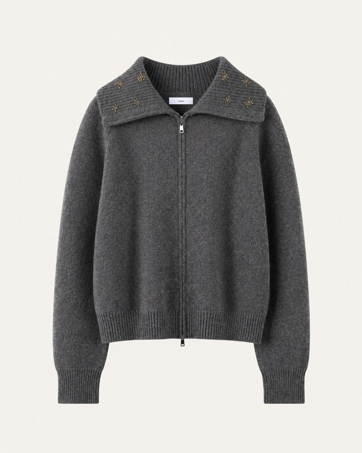 Lina Beaded and Embroidered Cashmere Zip Cardigan with Lapel Collar – view 10