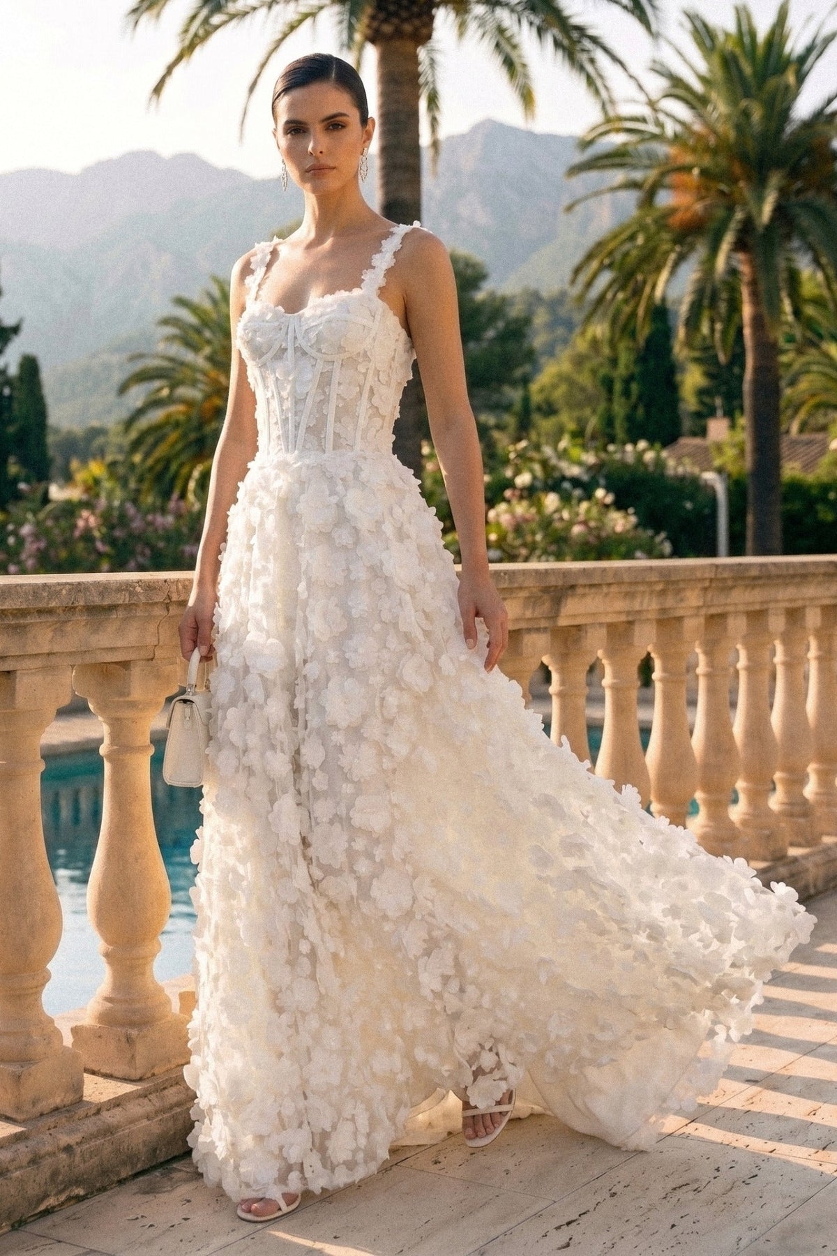 Floral Appliqué Corset Bodice Sweetheart Neck Maxi Dress – White