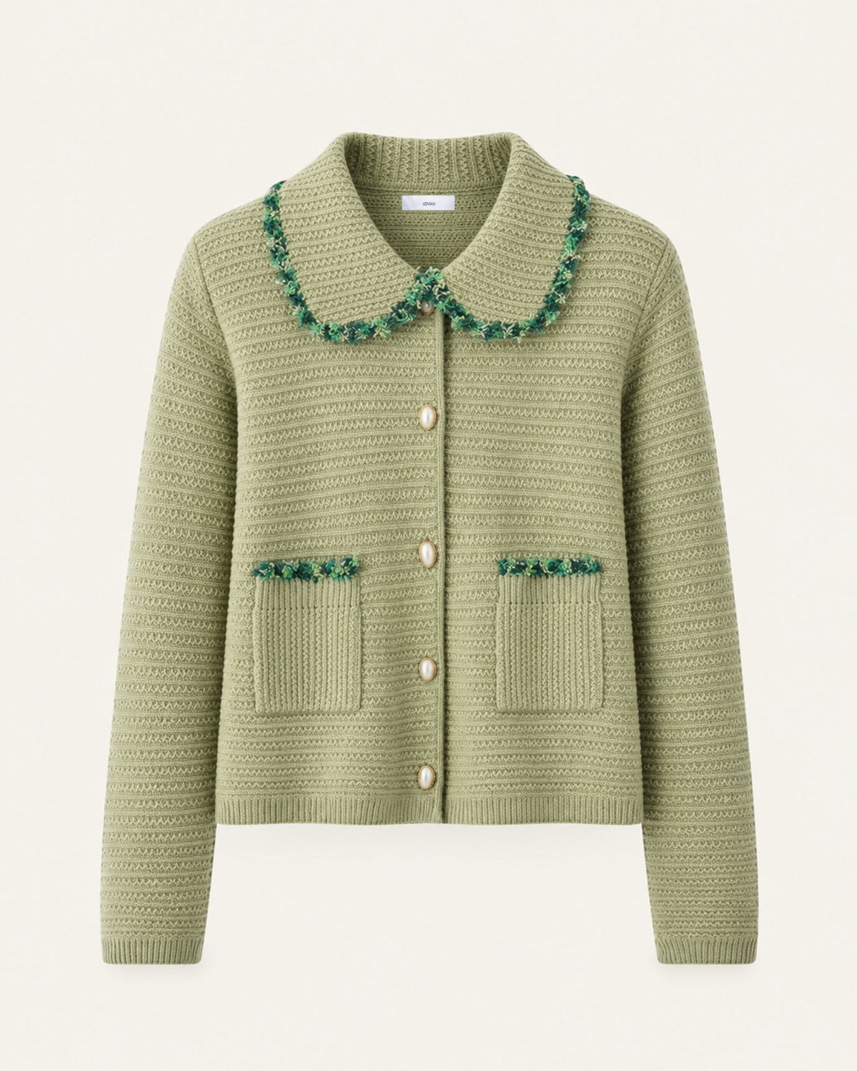 Thick Cashmere Structured Cardigan with Peter Pan Collar – Green – view 1