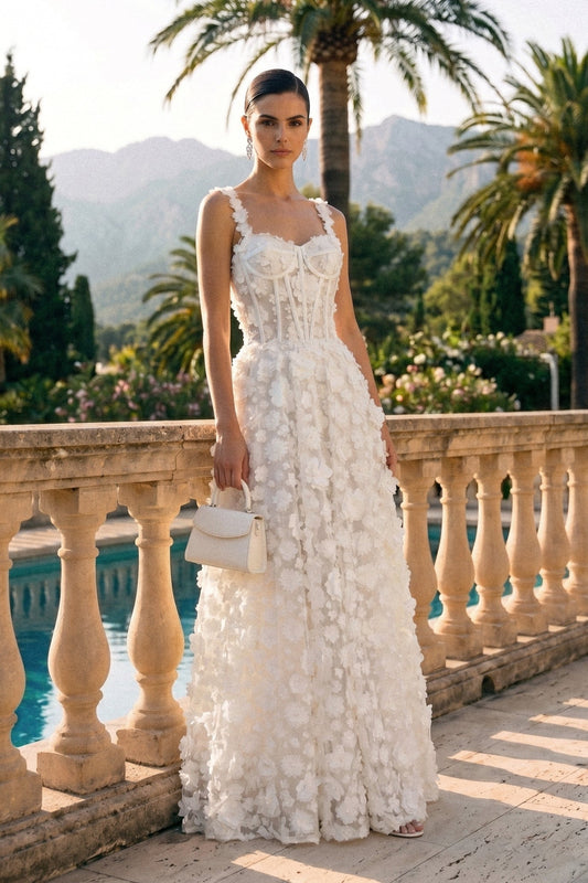 Floral Appliqué Corset Bodice Sweetheart Neck Maxi Dress – White