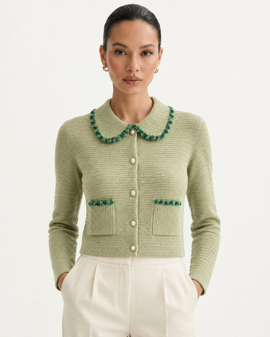 Thick Cashmere Structured Cardigan with Peter Pan Collar – view 2