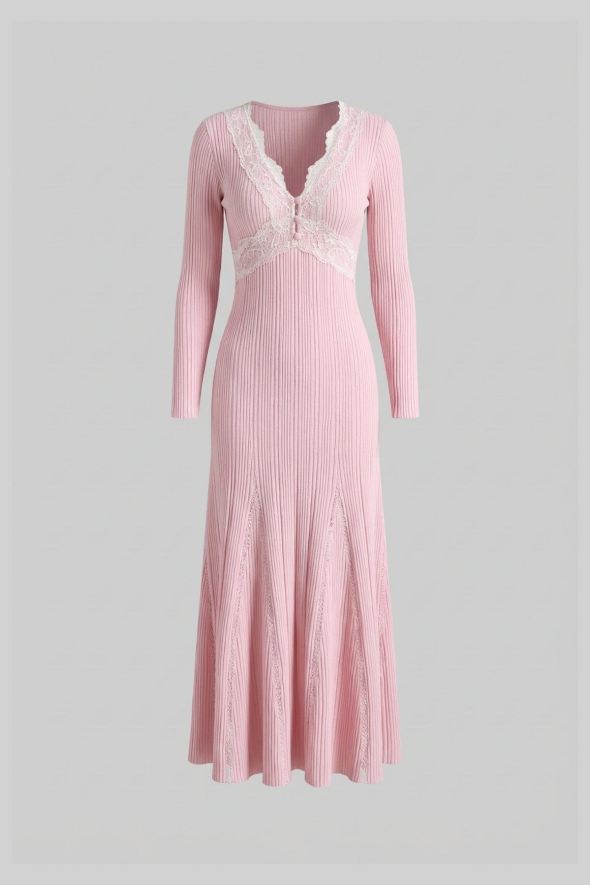 Ribbed Knit Lace Trim V-Neck Long Sleeve Midi Dress – Baby Pink – view 5