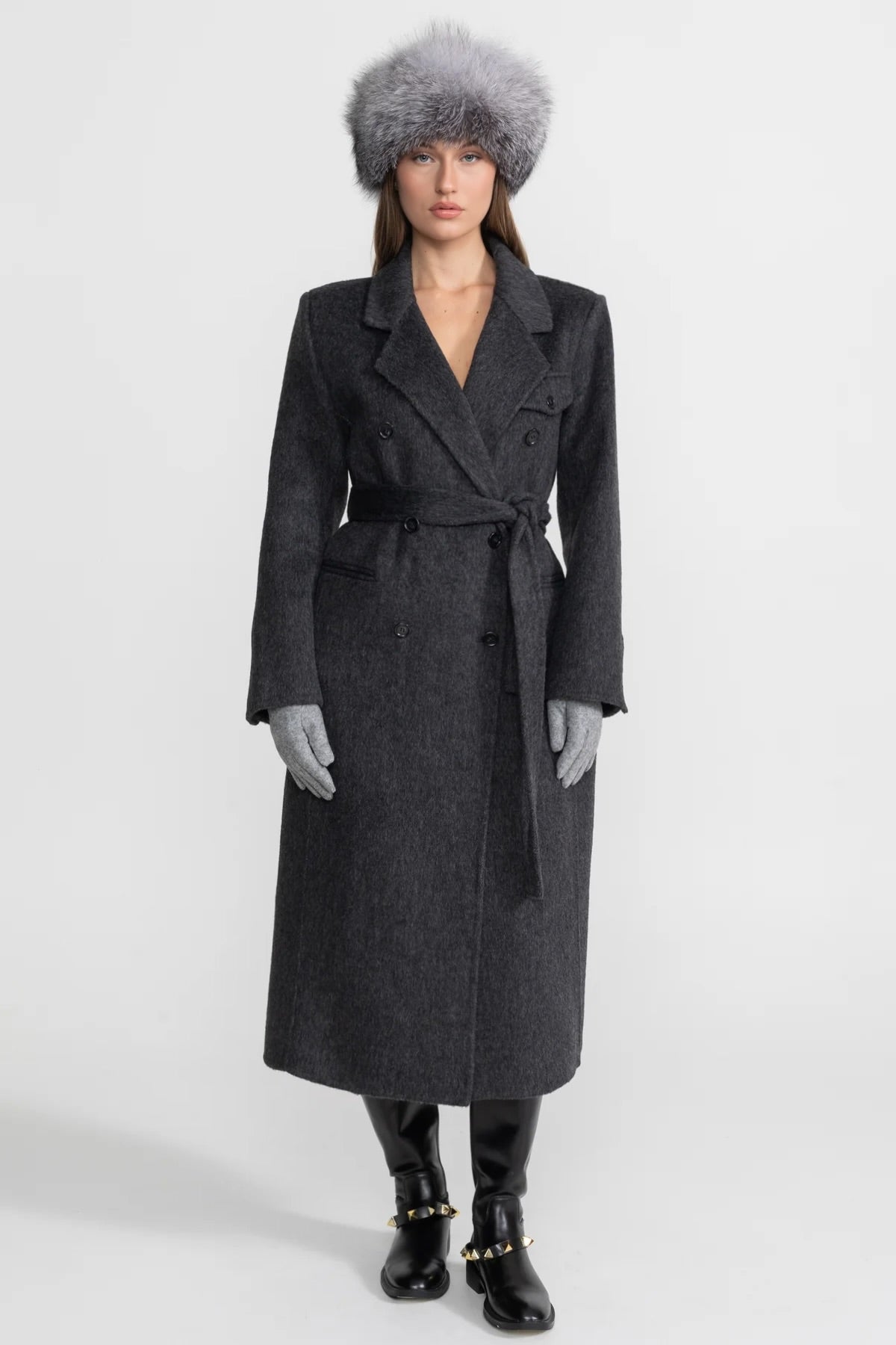 Double-Breasted Full Length Wool Coat with Self-Tie Belt – Charcoal Grey